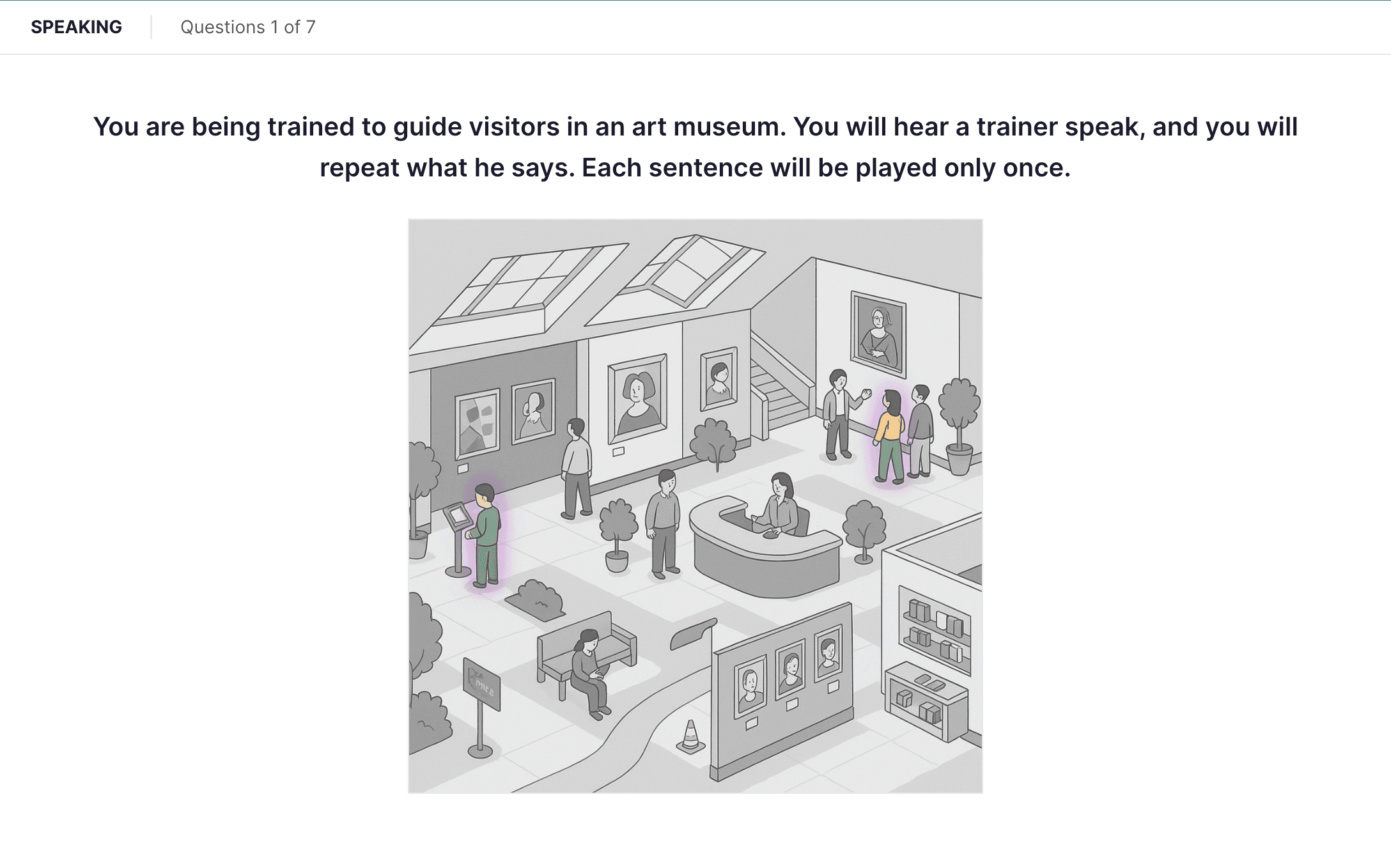 Screenshot of the Listen and Repeat speaking task showing an art-museum trainer context with a record button to repeat the audio