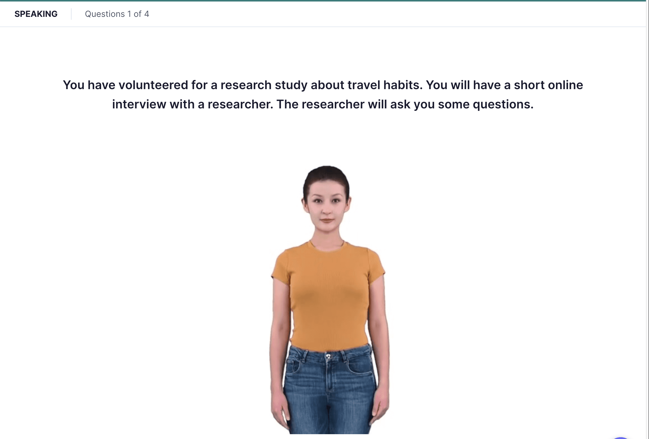 Screenshot of the Take an Interview speaking task asking an open-ended question about travel habits with a record button
