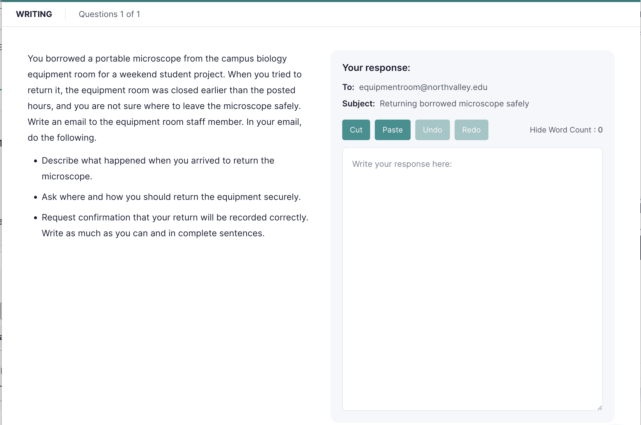 Screenshot of the Write an Email writing task showing a scenario about returning a portable microscope with an empty email composition field