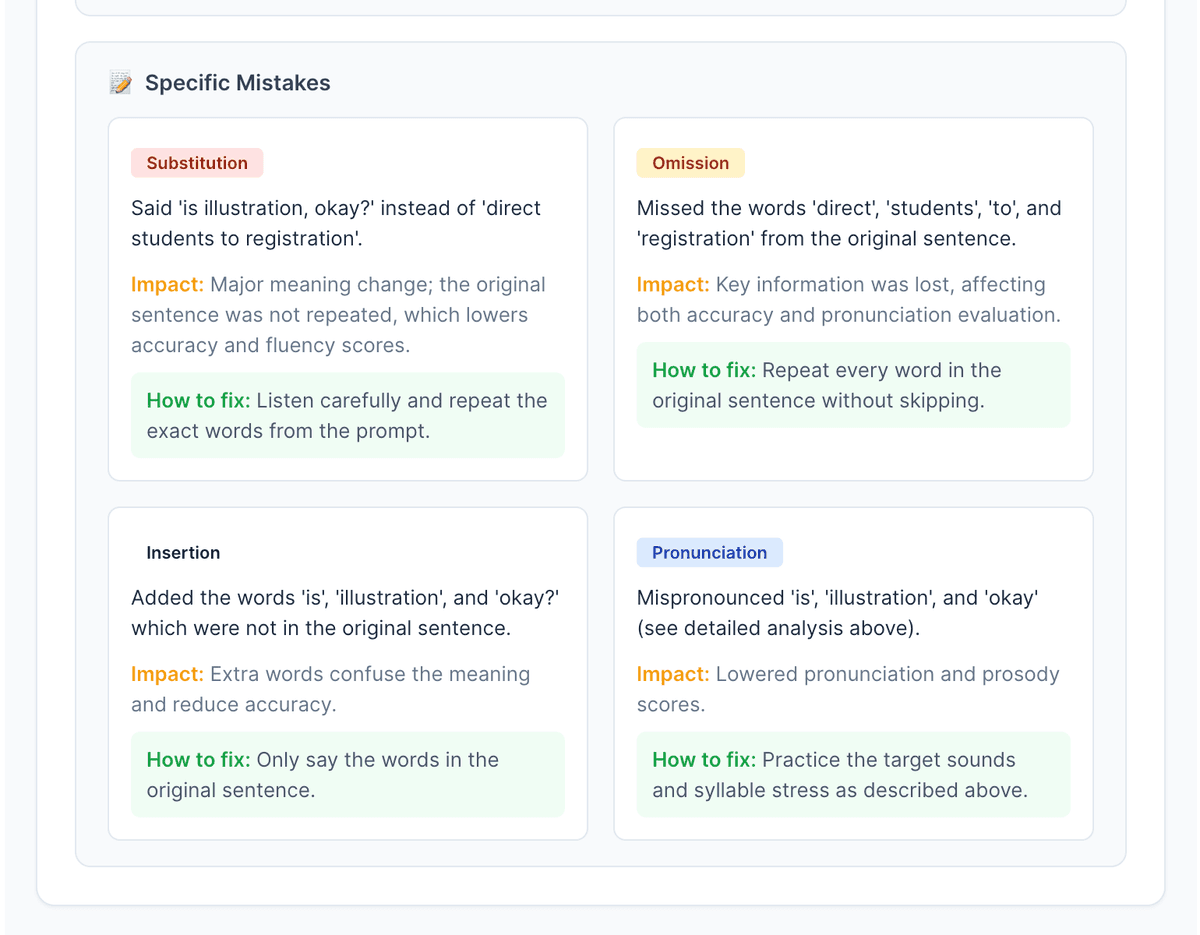 AI Speaking feedback — specific mistakes analysis