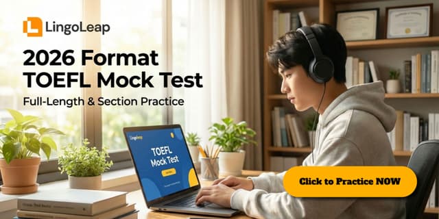 Promotional banner for LingoLeap’s 2026 format TOEFL mock test, showing a student practicing on a laptop at LingoLeap's website.